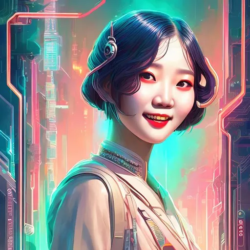 Prompt: beautiful attractive late-twenties korean flapper girl, angular face, smile, high cheekbones, braid bun, solarpunk, scifi, futuristic, realistic details, photorealistic, cinematic lighting, ultra detailed