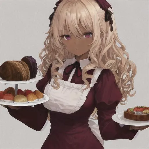 Prompt: Curly blonde hair, burgundy eyes, dark skin, pretty waitress outfit. Holding a plate with food on top.
