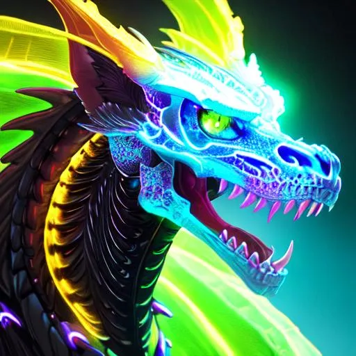 Portrait of a roaring neon skeleton dragon with irid... | OpenArt