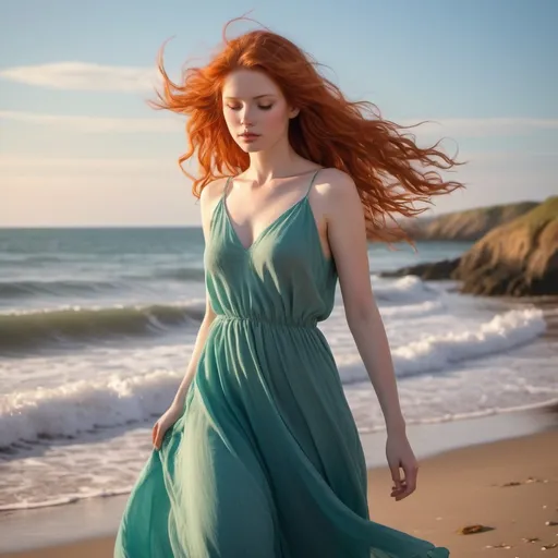 Prompt: On a windswept beach, a beautiful red-headed woman stands alone, gazing out at the vast expanse of the sea. Her fiery hair dances in the breeze, catching the sunlight and creating a halo of golden-red around her head.

Her eyes are a striking shade of green or blue, reflecting the colors of the ocean and sky. They hold a look of longing and hope, as if she's searching the horizon for a glimpse of her love returning to her.

She's dressed in a flowing dress that billows gently in the wind, accentuating her graceful silhouette. The dress is a vibrant shade of blue or green, complementing her red hair and adding to the overall picturesque scene.

In the distance, the sea stretches out endlessly, its waves crashing against the shore with rhythmic persistence. Seagulls soar overhead, their cries mingling with the sound of the surf, adding to the natural beauty and serenity of the setting.

The sky above is a canvas of soft pastel hues, with shades of pink, orange, and purple blending together as the sun begins to set. The warm glow of the setting sun bathes the scene in a romantic light, enhancing the woman's beauty and adding to the emotional depth of the moment.

Overall, the scene captures the essence of a beautiful red-headed woman waiting by the sea for her love. It's a timeless and romantic image that evokes feelings of love, longing, and hope.








