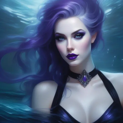 Prompt: oil painting portrait of a beautiful Sea Elf woman, very pale skin, bright hair, goth makeup with purple lips, black gothic swimsuit, foggy blue gothic town underwater background, bold brushstrokes, best quality, masterpiece, sharp focus, ultra smooth, ultra clean, ultra high res, ultra sharp, hyperdetailed, ultra-realistic, UHD, gothic horror, dark fantasy, (((style of Carmilla vampire official art))),