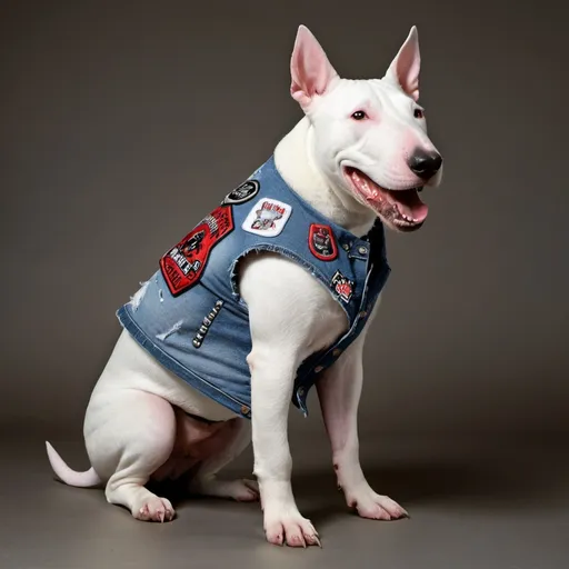 Prompt: Bull Terrier wearing a heavy metal music denim vest with patches