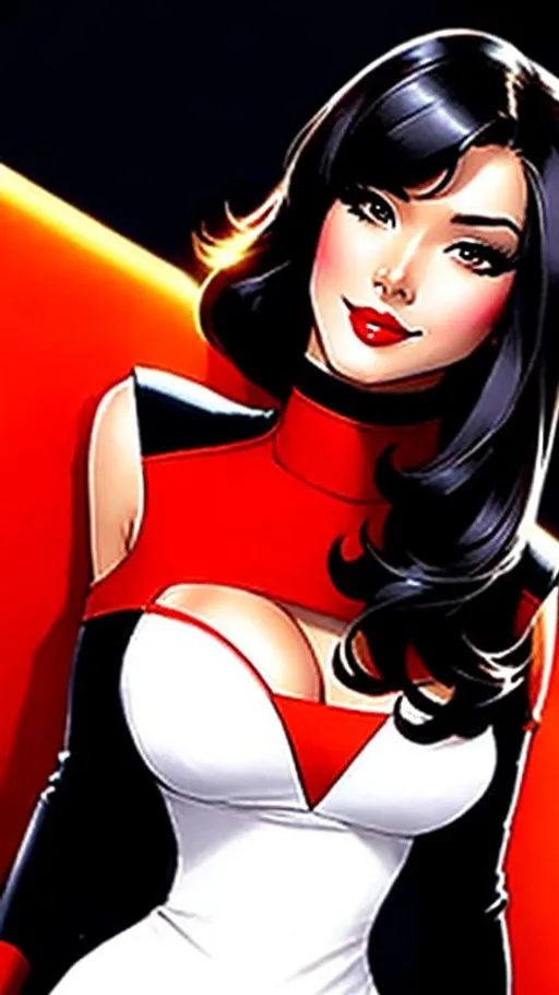 Prompt: head-to-toe, full-body drawing of a beautiful woman with dark black hair and a red dress. She is wearing a red domino mask like that of Robin. She is drawn in the comic-book style of Frank Cho