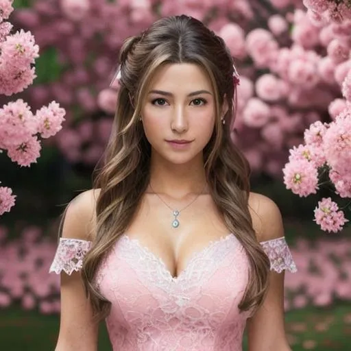 Prompt: Aerith from Final Fantasy 7, pink lace top, Caucasian female, smooth features, beautiful, detailed, hyperrealistic, super detailed, 8k, high quality, sharp focus, intricate detail, highly detailed, UHD, 8k, high quality, oil painting, hyper realism, Very detailed, clear visible face