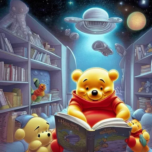 Prompt: Pooh reading a book about aliens in his new room