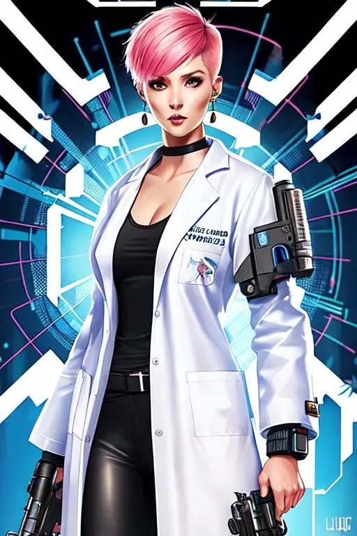 Prompt: A full-body photo of a female scientist. Sharp jawline, blush-colored hair, short hair, lab coat, facing forwards, face, blue earrings, cyberpunk, hand, holding a gun, athletic, digital art.