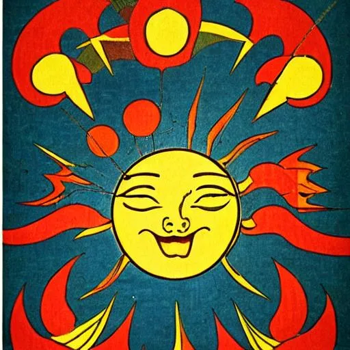 Prompt: 70s poster happy sun in medieval japanese style
