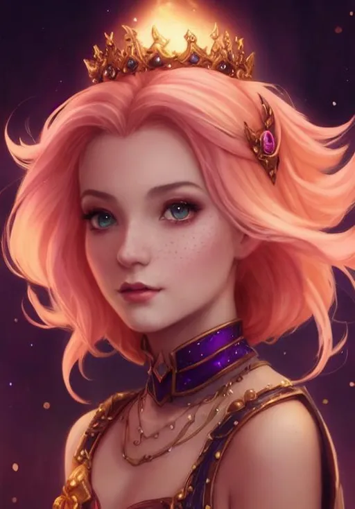 Prompt: glowing, shimmer, fantasy, mage, close up portrait of cute peach princess character, well lit, atmospheric,  character design, gold freckles, highly detailed, fantasy character illustration, portrait, beautifully lit, ethereal, bleak, art by stanley artgerm, peter mohrbacher, Brian Froud, rossdraws, guweiz and wlop and ilya kuvshinov and artgerm and makoto shinkai and studio ghibli. art by Stanley Artgerm, Charlie Bowater, painting by daniel f gerhartz, art by Andrew Atroshenko, orange, yellow and black, long wavy hair,pink sun flowers poppies, dramatic makeup, highly detailed girl by artgerm and Edouard Bisson, highly detailed oil painting, portrait of a beautiful person, art by Stanley Artgerm, Charlie Bowater, Atey Ghailan and Mike Mignola,