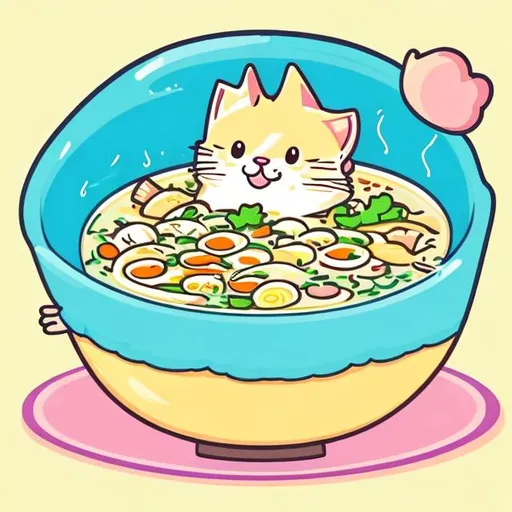 Prompt: fat cat swimming in giant bowl of chicken noodle soup, cute cartoon style, pastel colors