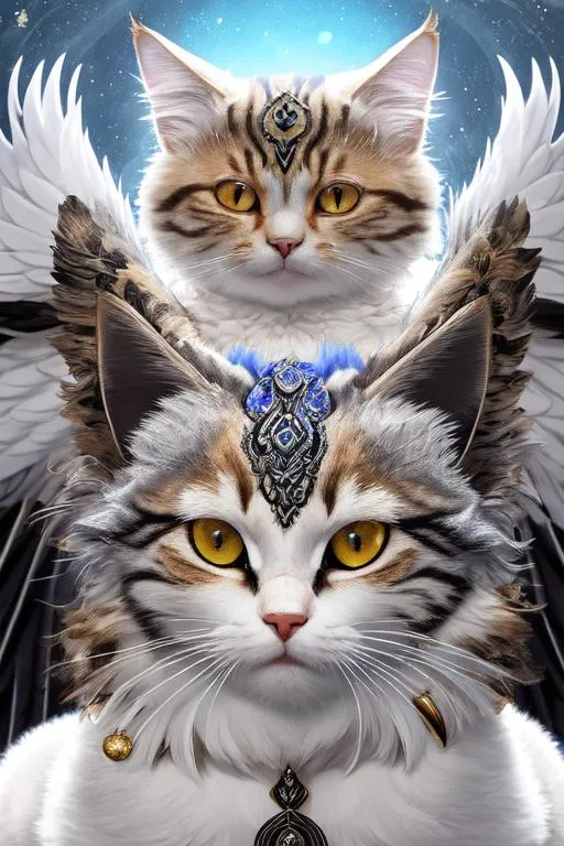 Prompt: 4 winged cat, multiple eyes on the head, (masterpiece), (best quality:1.2), (intricate detail), dynamic angle, looking at viewer, (1male), ((solo)), (((full body))), (slender), (((tabaxi))), (((white fur))), ((blue pupils)), (((light armor))), black armor, ((cloak)), mysterious, ((ominous expression))