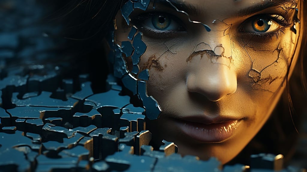 Prompt: a close up of a puzzle piece with a woman's face, desolate with zombies, istockphoto, of a young woman, black scars on her face, multi-layered artworks, there are two sides to the story, cognition, interconnections, scattered