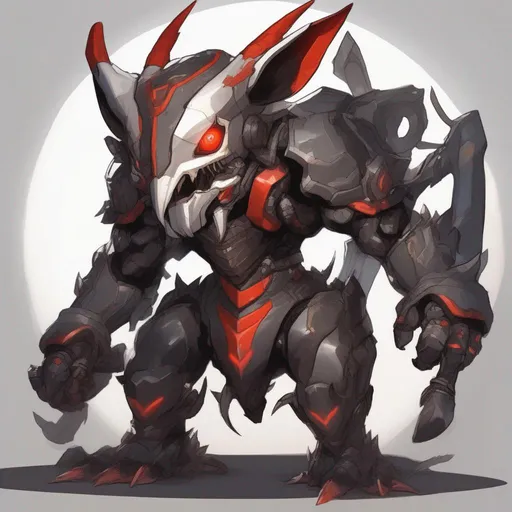 Prompt: Rabbit Monster, covered in black and dark brown fur, white mecha armor armor, wielding a morning star, long minotaur horned mecha helm, red glowing eyes, best quality, masterpiece, in cartoon style