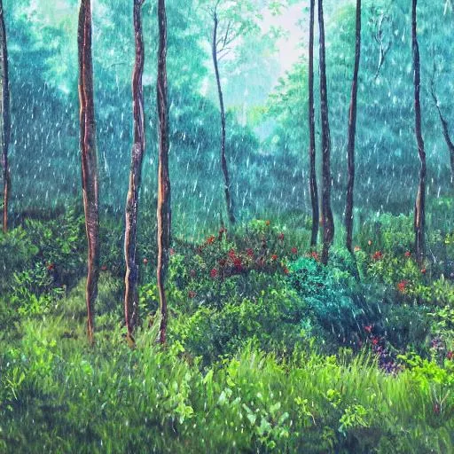 Prompt: landscape painted forest clearing during rainy day with lots of plants and trees in the background with some plants in foreground