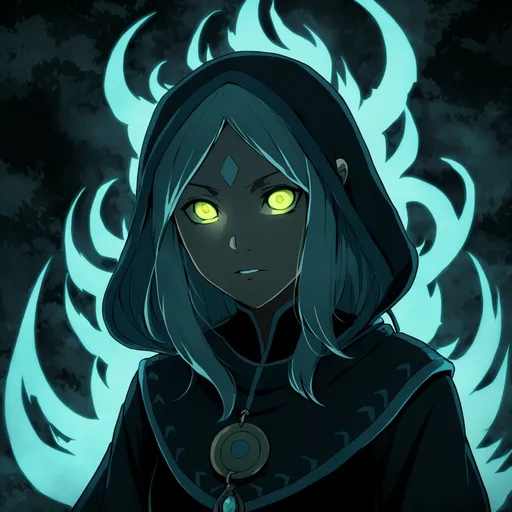 Prompt: Avatar the last airbender, ATLA, an older woman shrouded in shadows. spooky, horror, demon, glowing eyes