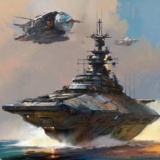 Prompt: coloured. a scifi space frigate. detailed. proportionate. in John Berkey. rpg art. 2d art. 2d. well draw face. detailed.
