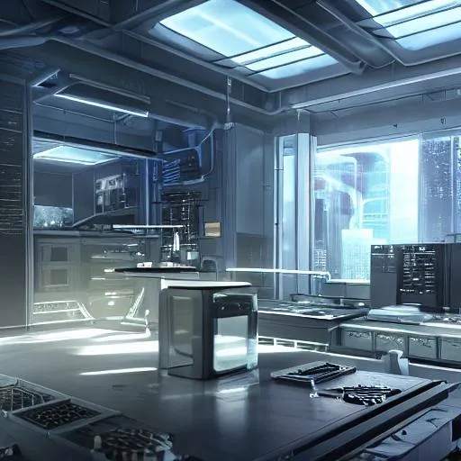 Prompt: ai laboratory, building, ghost in the shell, studio lighting, dim lighting, building, professional, HDR, UHD, 64K, perfect composition, hyperrealistic, super detailed, 8k, high quality, trending art, trending on artstation, sharp focus, studio photo, intricate details, highly detailed, concept art
