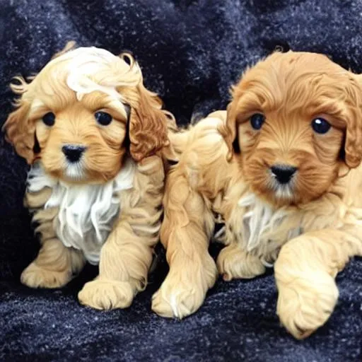 Prompt: cute golden cavapoo puppies with a bath