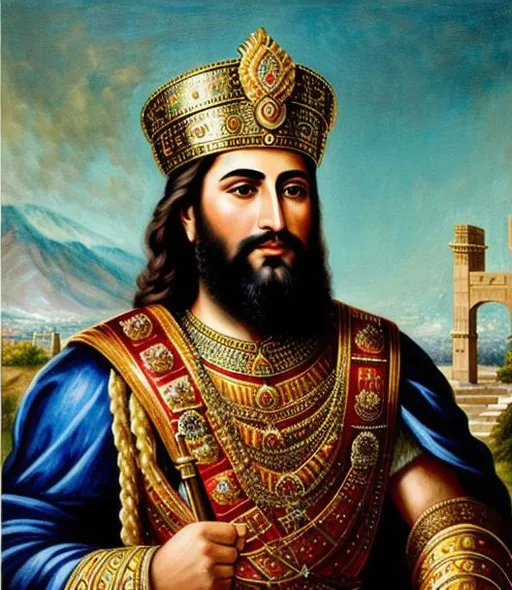 Prompt: Full portrait of Achaemenid king, Cyrus the Great, Persian castle.