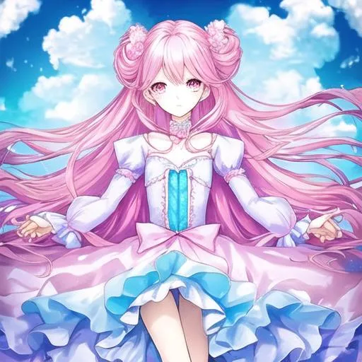 Prompt: A beautiful girl like Cotton candy, she has a big chest, best quality,  Anime, she is human but her dress and hair look like pink and blue cotton candy  . big everything.Big everything ,hot beautiful, Siting on a pink cloud . There is blue and pink clouds floating around her, she is 38 and is wearing a fluffy ruffly skirt that is blue and pink her shirt is like a nightgown. It is day time. Her hair is curly and medium it is blue and pink. She wears a hair pin that is a cute. She is cute . hot big everything. she is 48. she is hot pretty and a little chubby. She is big and hot. also kawaii. she is skinny but her but is big she is happy.