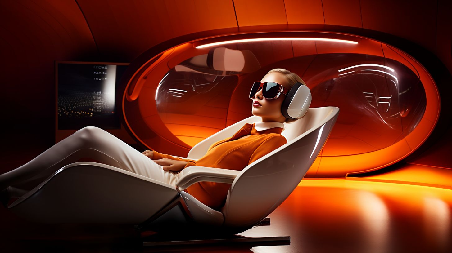 Prompt: The image features a woman in futuristic attire, donning white headphones and mirrored orange visor-style sunglasses. She reclines in a state-of-the-art chair, surrounded by sleek, flowing lines and reflections of amber and chrome, suggesting an advanced, perhaps space-bound, setting