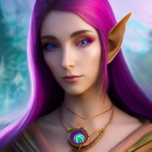 Prompt: portrait photo of a quirky free spirit half-elf female mage with pink messy hair wearing robes, necklace, bug eyes, (backlighting:1.4), digital painting, concept art, smooth, sharp focus, rule of thirds, dark fantasy, intricate details, medium shot, (shallow depth of field:1.1), front view direct, high resolution, realistic art, best resolution, best quality, masterpiece face, masterpiece resolution 