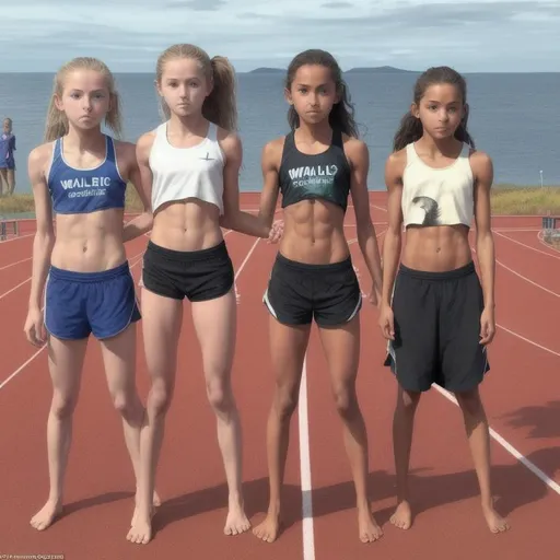 three barefoot girls in track and field outfit, bare... OpenArt