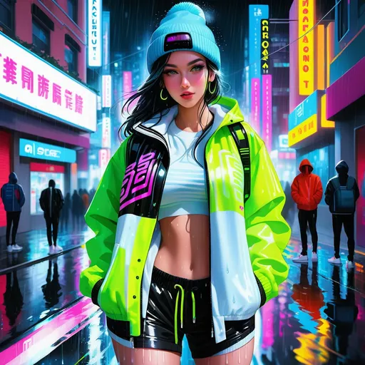 Prompt: ((best quality)), ((masterpiece)), intricately detailed, cyberpunk, futuristic city, night city, neon, 1girl, rain, puddles, portrait, sweatpants, open jacket, beanie, white sneakers, hands in pockets, cowboy shot