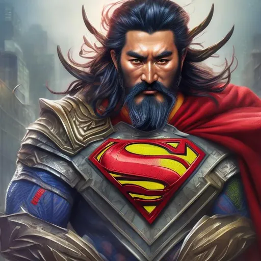 Prompt: Realistic fantasy illustration of a hybrid superhero character, Guan Yu and Superman, vibrant colors, intense facial expression, detailed armor and cape, high-res, vibrant, detailed facial expression, fantasy, superhero, vibrant colors, detailed armor, intense gaze, advertisement-worthy, realistic, fantasy style, detailed illustration, professional, vibrant lighting