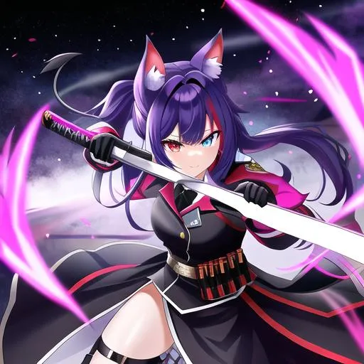 Prompt: Haley  as a demon (multi-color hair) (multi-color eyes)(she has horse ears) holding a katana, fighting, in a gunfight, bullets flying, fighting in a rural area, angry, demon tail, demon wings