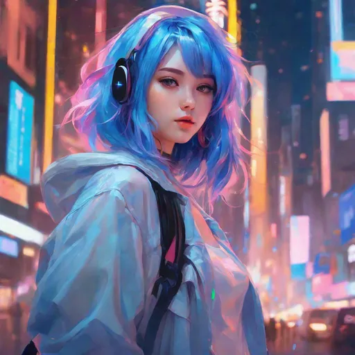 Prompt: a painting of a girl with blue hair, cyberpunk art, inspired by Yanjun Cheng, digital art, anime visual of a cute girl, pin on anime, blue and pink colors, detailed digital anime art
