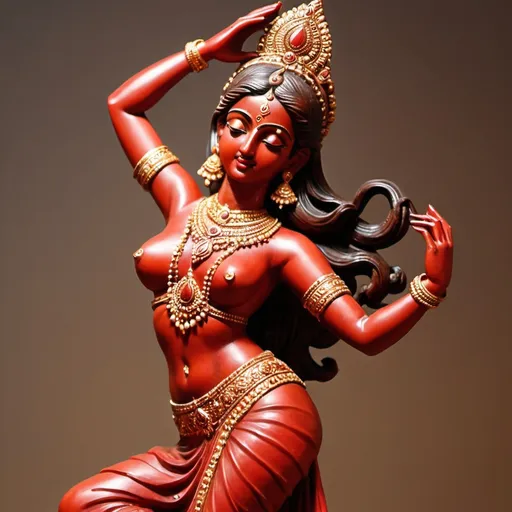 Prompt: Indian Statue, female love godess, tempting, delicate jewellery, made of red stone, dynamic dance pose