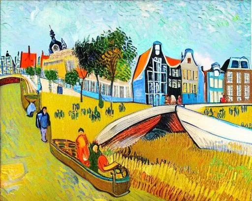 Prompt: create artwork inspired in Van Gogh in high resolution large format 80 x 80 cm
featuring  and images of Amsterdam






