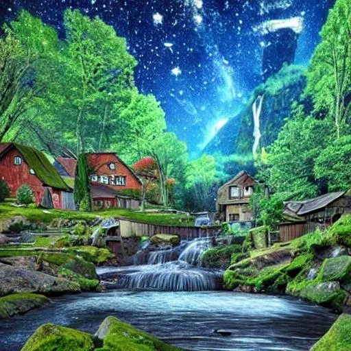 Prompt: The old village is nestled amongst the trees, with a river running through it and a waterfall cascading down the rocks, The plants and flowers are in bloom, and the night sky is clear, with the stars and galaxies shining bright, The clouds are dynamic and ever-changing, adding to the beauty of the scene, realistic and natural, detailed full-color, nature, hd photography, galen rowell, david muench, james mccarthy, hirō isono, realistic surrealism, elements by nasa, detailed, gloss, hyperrealism, hyperdetailed