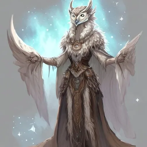 Prompt: dnd concept art, druid of the stars, female owlin, boreal owl, tall, elegant, white and brown feathers
