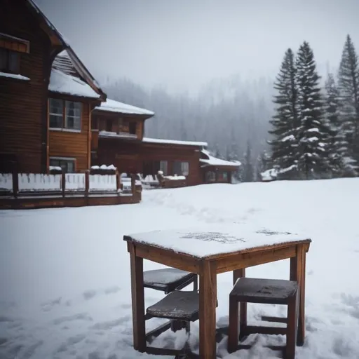 Prompt: Background on snow and a table beside 