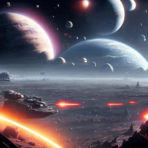 Prompt: A view of a planet covered with a large city being orbitally bombarded by star destroyer ships from star wars, the point of view is outer space