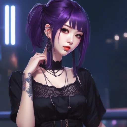 Prompt: anime girl with black hair and piercings in a black top, archillect concept art, streaming on twitch, striking detailed artstyle, 90's aesthetic, ulzzang, n 2, gothic, profile picture, japanese illustrator, there is a woman with purple hair posing for a picture, black lace dress, poggers, tied - up shirt, popular south korean makeup, by :5 sexy: 7, 2 0 1 9, human cat hybrid, black bowtie, oppai proportions, many zippers, only a few bangs of hair, inspired by Jason Chan, lux