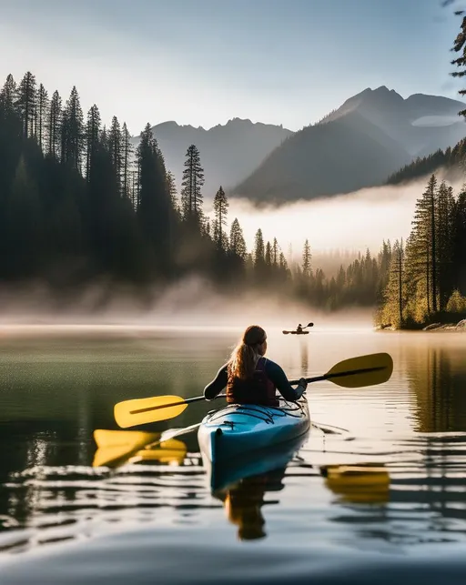 Prompt: A scenic landscape of a woman kayaking across a tranquil alpine lake surrounded by evergreen trees and mountains, illuminated by golden light. Shot from lake level with mist hovering over the water. Use a wide angle lens with a fast shutter speed on a Nikon D850. The mood is serene, adventurous, majestic.