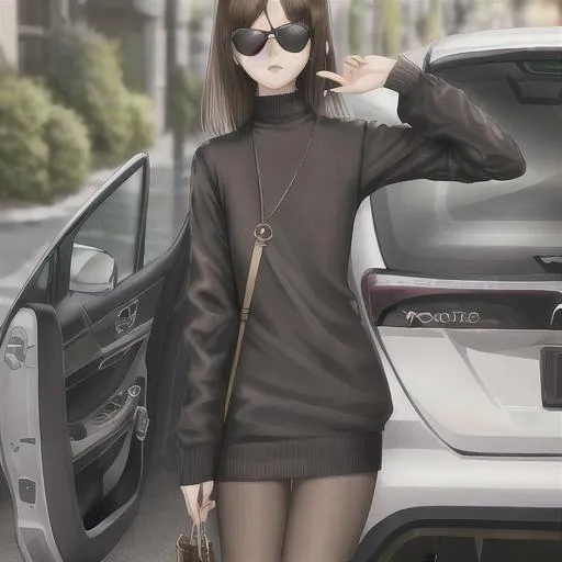 Prompt: Sunglasses, Superstar, Slender FemBoy, Sweater, Bare Legs, Haughty, Careless, Brown_Hair, Zoology, Prius, Sleek, Shine, Focus, Undercover, Immovable Force