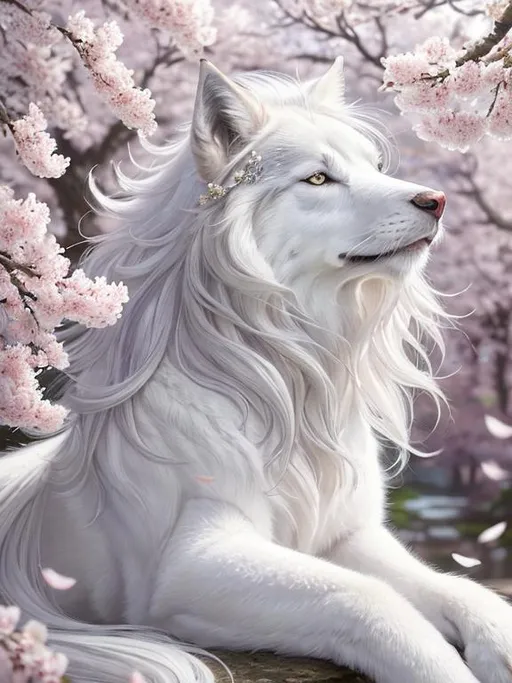 Prompt: highly detailed Portrait of alluring fantasy silvery-white ((wolf)), gorgeous, stunning, billowing voluminous mane, photorealistic quality, in magical environment, furry tail, cherry blossoms, sakura trees, highly stylized face and tail, extremely beautiful, intricate detailed, extremely complex art, masterpiece, by Thomas Kinkade, by Ismail Inceoglu, trending on Instagram, artstation, HARDWARE Photographic Art Direction, WLOP 5, realistic canine body, centered, anime Character Design, Unreal Engine, Beautiful, Tumblr Aesthetic,  Hd Photography, Hyperrealism, Beautiful oil Painting, Realistic, Detailed, Painting By Olga Shvartsur, Svetlana Novikova, Fine Art