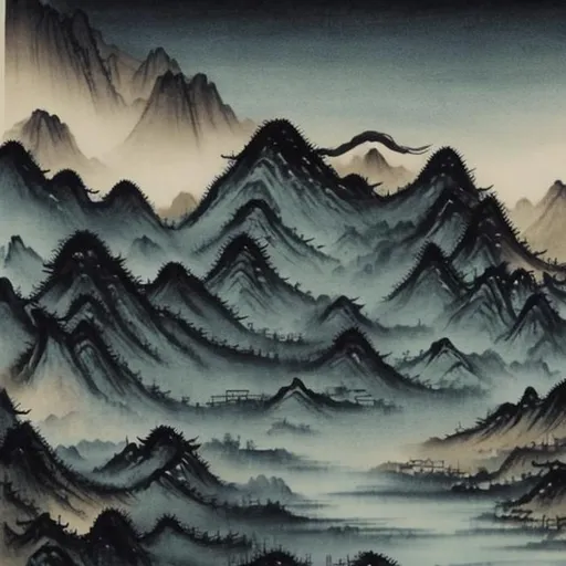Prompt: chinese style painting of a creepy mountain 