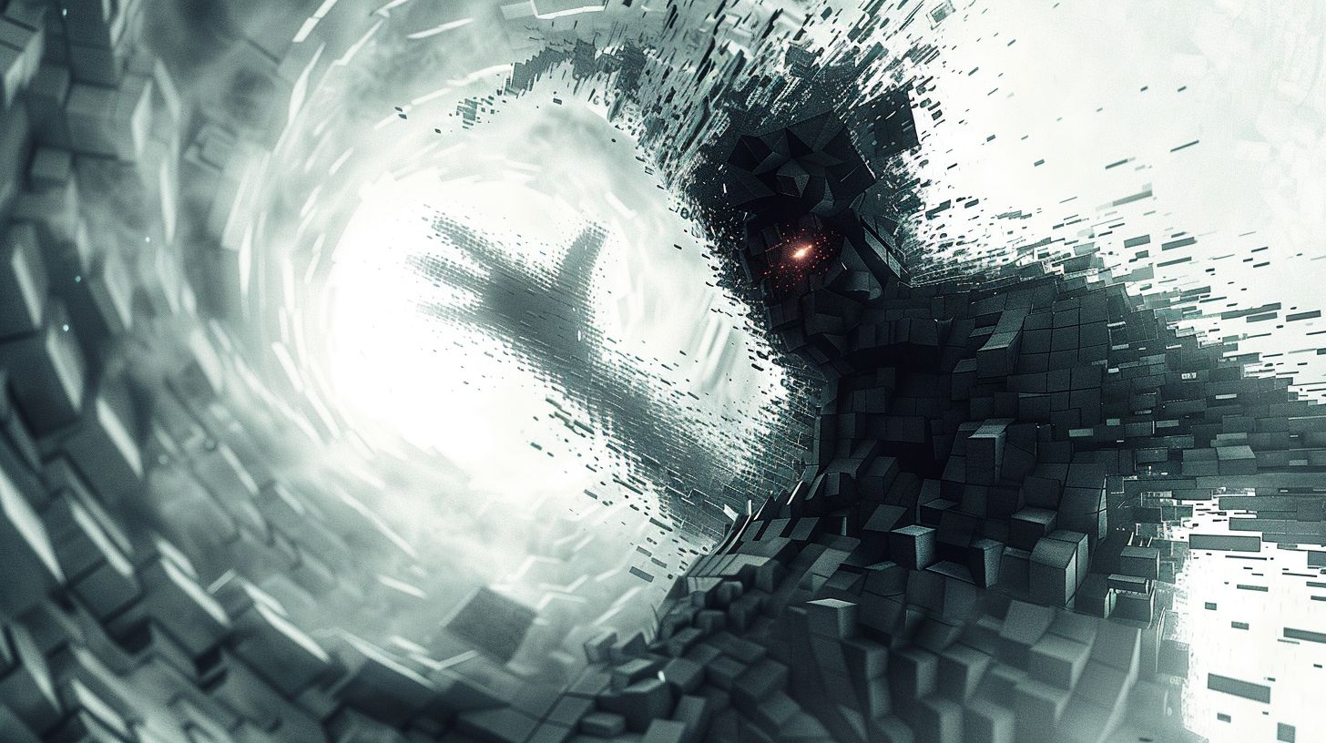 Prompt: A surreal 3D image where blocks shift and morph, revealing a shadowy ninja figure with intricate block patterns etched into its body. The ninja's eyes glow with an ethereal light, and its limbs are twisted and contorted into unusual shapes. The background is a swirling vortex of interlocking blocks, creating a sense of depth and dimensionality.