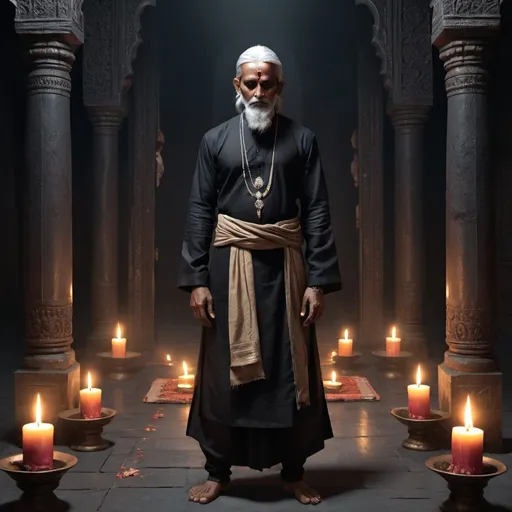 Prompt: Full body, Fantasy illustration of an indian male Cleric, priest of the god of death, 48 years old, skinny, black traditional indian garment, grieving expression, high quality, rpg-fantasy, in a dark temple hall, candles and incense