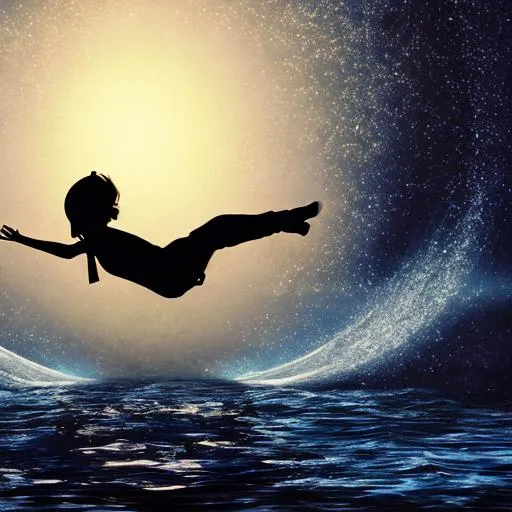 Prompt: A silhouette of a teenager falling into a black hole in the middle of a river