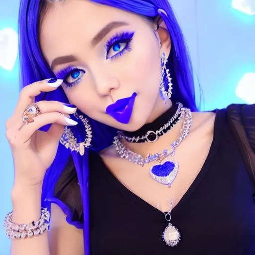 Prompt: Pokimane eating ice cream, blue lipstick, Glowing Ball Gown,  snowy city, blue heart necklaces, pleasant face, blue eyes, Black-purple eyeshadow, long ice earrings. Cold color scheme, ultradetailed, 8k resolution, perfect, smooth, high quality, shiny. 