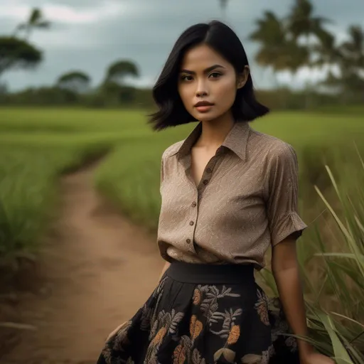 Prompt: RAW photo, 3/4 body shot, pretty young Indonesian woman, 25 year old, (round face, high cheekbones, almond-shaped brown eyes, epicanthic fold, small delicate nose, short black hair), embroidered button down shirt, gypsy skirt, scenery landscape rural tropical, (high detailed skin:1.2), 8k uhd, dslr, soft lighting, high quality, film grain, Fujifilm XT3