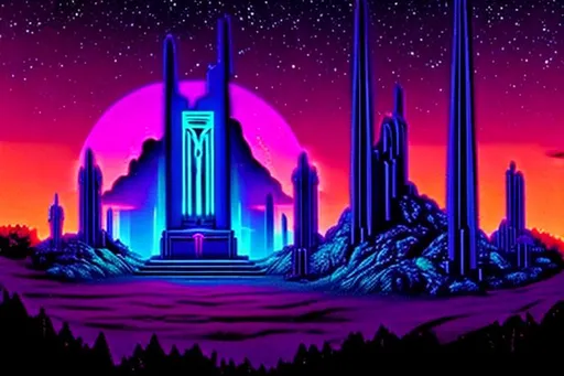 Prompt: Synthwave pagan temple.