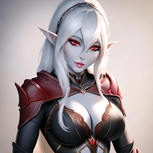 Prompt: a realistic beautiful drow elf with pale skin, red eyes and white hair, extra detailed face, 8K, fully dressed, busty, mature face, eyes detail
 