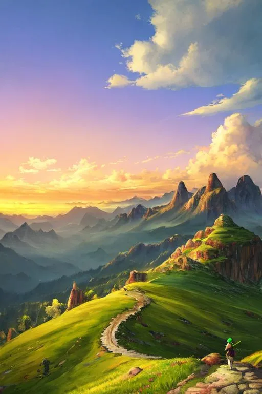 Prompt: vast scenic view mountain landscape with very wide angle, looking from behind and above, full body visible,

masterpiece best quality 1 Link from The Legend of Zelda, green outfit, sword drawn, standing, look at the sky,

semi watercolor painting, digital painting, precise brush strokes, precise brush outlines,

cloudy, sunshine on cloud, sunshine,

light yellow and light orange and light pink glowing light, light yellow and light orange and light pink glowing sunshine, cinematic light, highly detailed light reflection, iridescent light reflection, beautiful shading, impressionist painting, yellow contrast cloud, hyperdetailed cloud shading, head light,

volumetric lighting maximalist photo illustration 64k, resolution high res intricately detailed complex,

illustration, key visual, hyperdetailed precise lineart, vibrant, panoramic, cinematic, masterfully crafted, 64k resolution, beautiful, stunning, ultra detailed, expressive, hypermaximalist, colorful, vintage show promotional poster, anime art, brush strokes,
