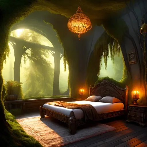 Prompt: fantasy, bedroom interior, UHD, HD, 8K, forest themed bedroom